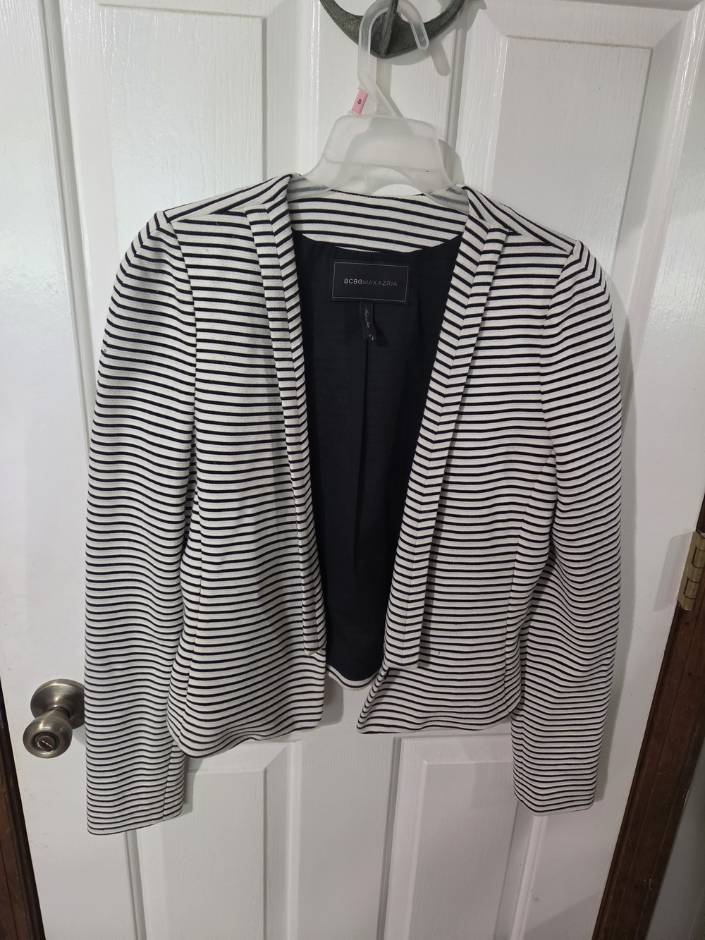 BCBGMaxAzria Black and White Striped Open Blazer